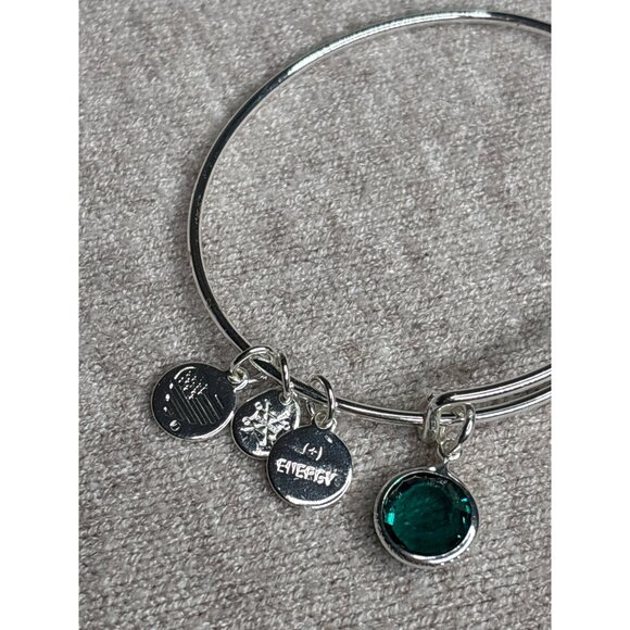 Alex and Ani Silvertone Charm Bangle Bracelet Acrylic Green Rhinestone - Picture 2 of 3